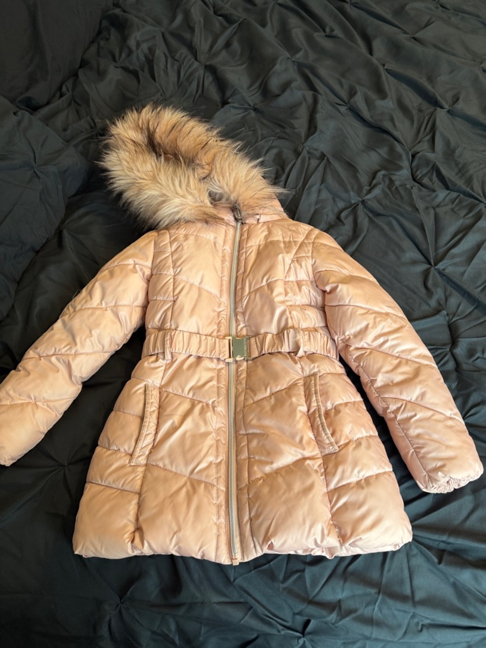 Michael Kors Girls' Puffer Coat with Faux Fur Hood - Pink